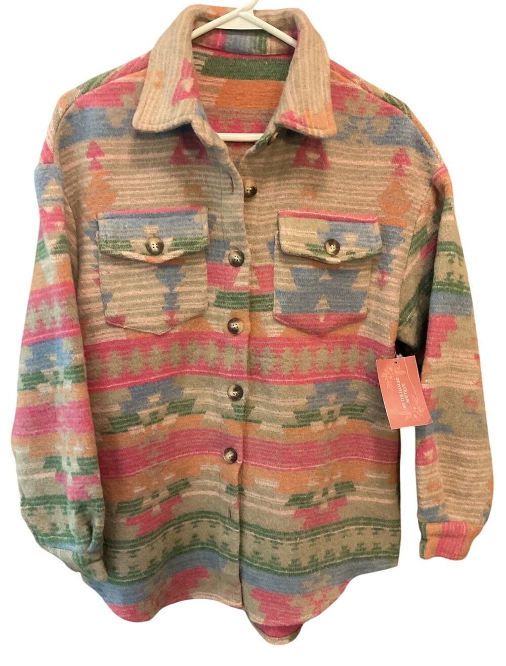 NWT SMALL Boutique Western Aztec Print Button Down Shacket Beige Pink Blue